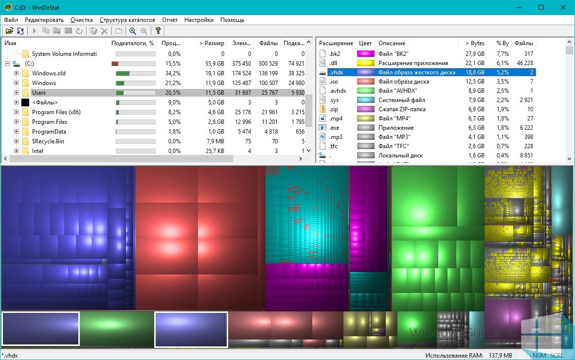 Бесплатная программа WinDirStat производит анализ дискового пространства, которое занимают файлы и папки, можно очистить диск от ненужных данных