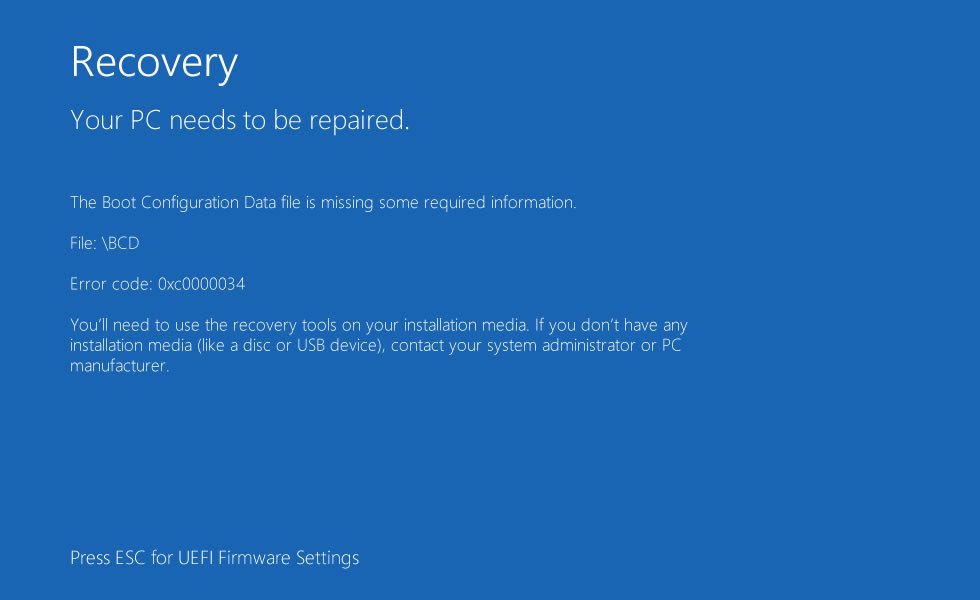 Об ошибке 0xc0000034, влекущей за собой появление синего экрана смерти Windows 10 и неспособность системы загружаться Описывается ход решения проблемы